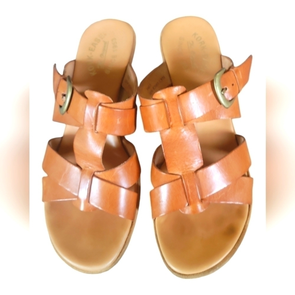 Kork-Ease Ava Tan Buckle Stacked Heels Saddle Leather Platform Sandals 9/40.5